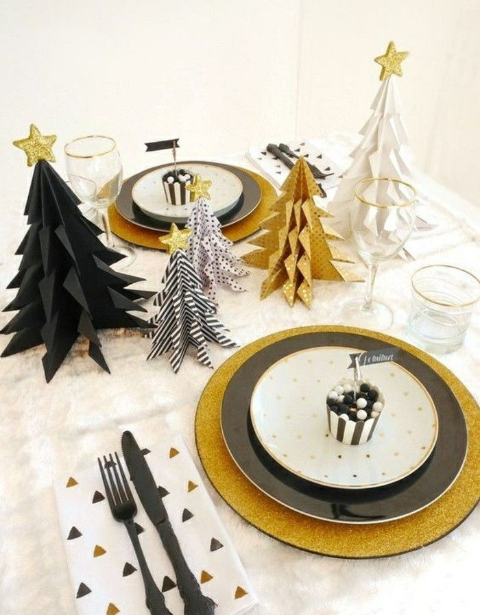 tischdekoration-christmas-in-vyzerajúci čierno-Gol-vianočné stromčeky-from-papier