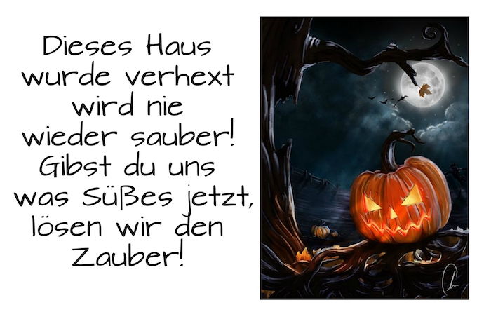 ハロウィーンのカボチャ、月、黒い木、そしてハロウィーンの短い偉大な言葉で素敵な写真