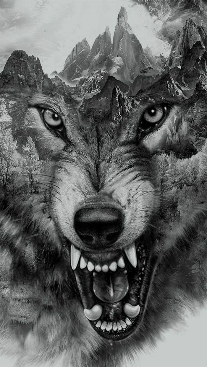 imagini inspirate - o idee minunata pentru un tatuaj lup - aici este un lup si munti furiosi si zburdaci