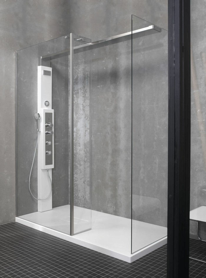 Didžioji nedidelio vonios stiklo sienelė-dušo pilka siena dizainas