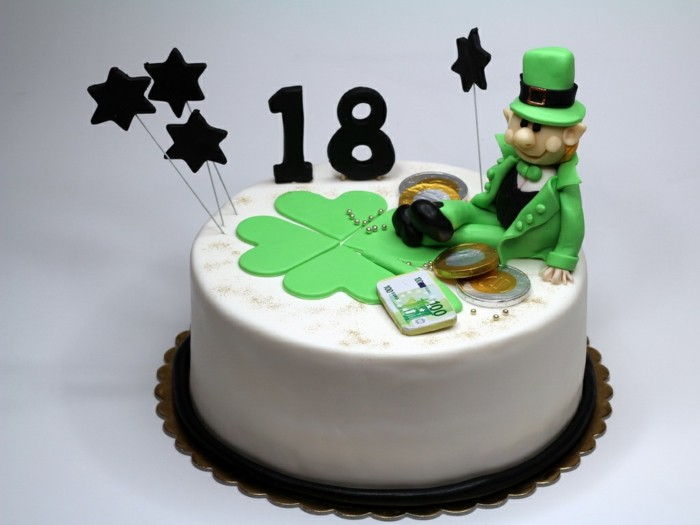 paj till 18-Geburtstagstorten tårta-Gluecksbringer pengar green-klöver-deco