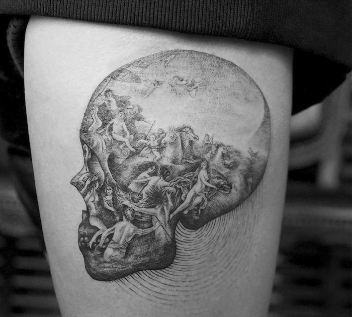 cai albi și oameni supărați - un tatuaj cu un craniu mare - un craniu de tatuaj