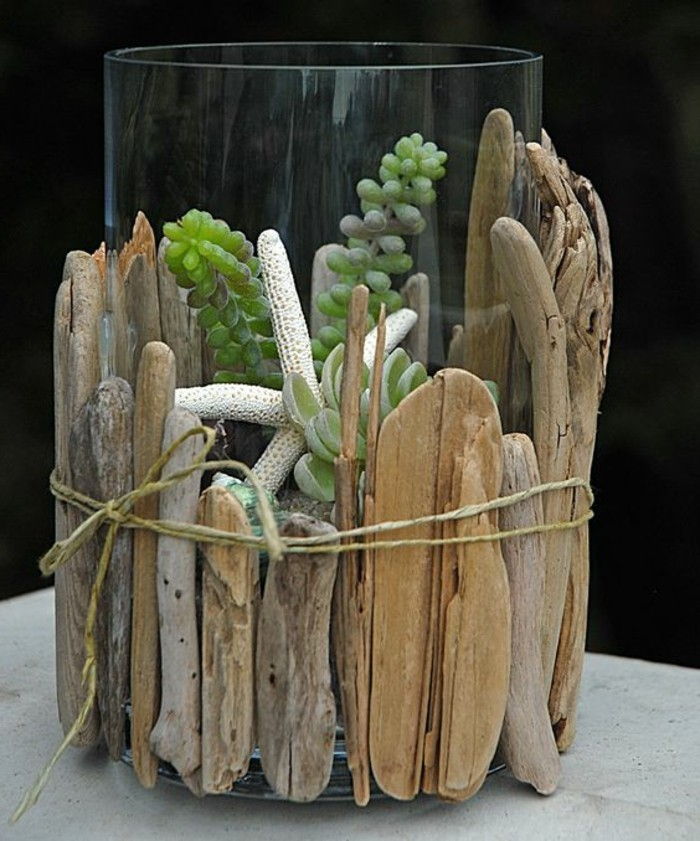 Driftwood-deco-glasvade-z-Holt-dekoriranje-zeleno-rastlina-belo-zvezda