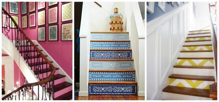 Trije barvi oblikovanja stopnic - roza, modra in zelena v različnih oblikah