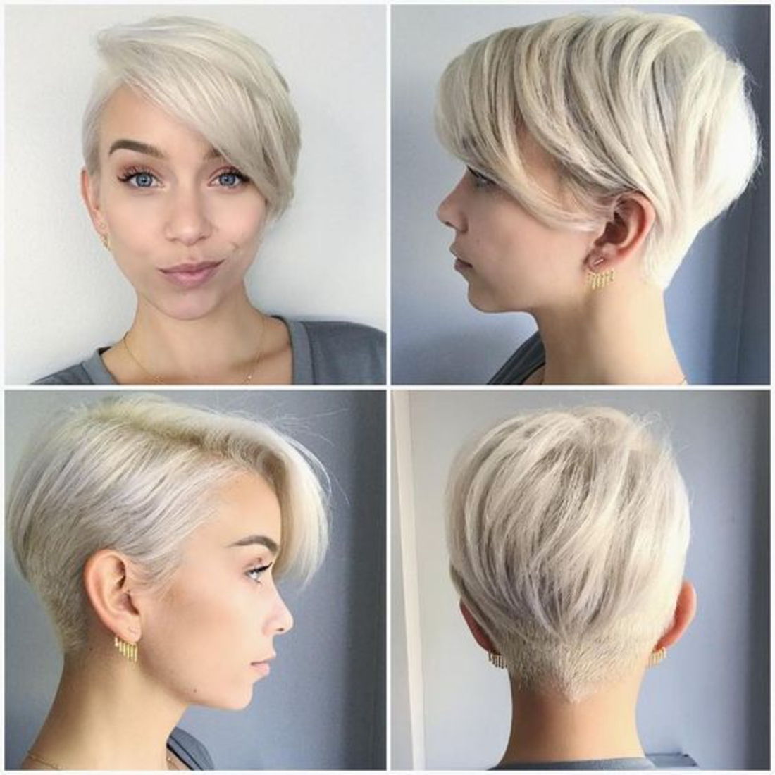 quatro fotos com cabelo loiro pendurado brincos corte inferior penteados mulheres cabelo curto