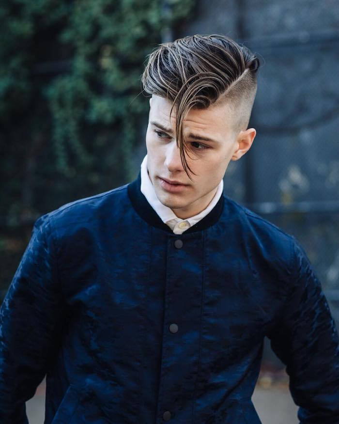 undercut stil tonåring variation design av håret blå jacka mannen