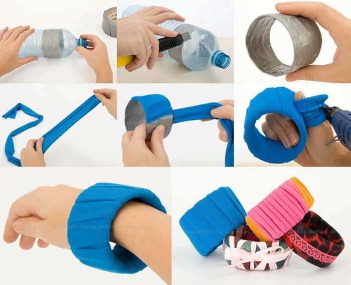 plastic fles, blauwe stof, diy sieraden, armband, kant, armband