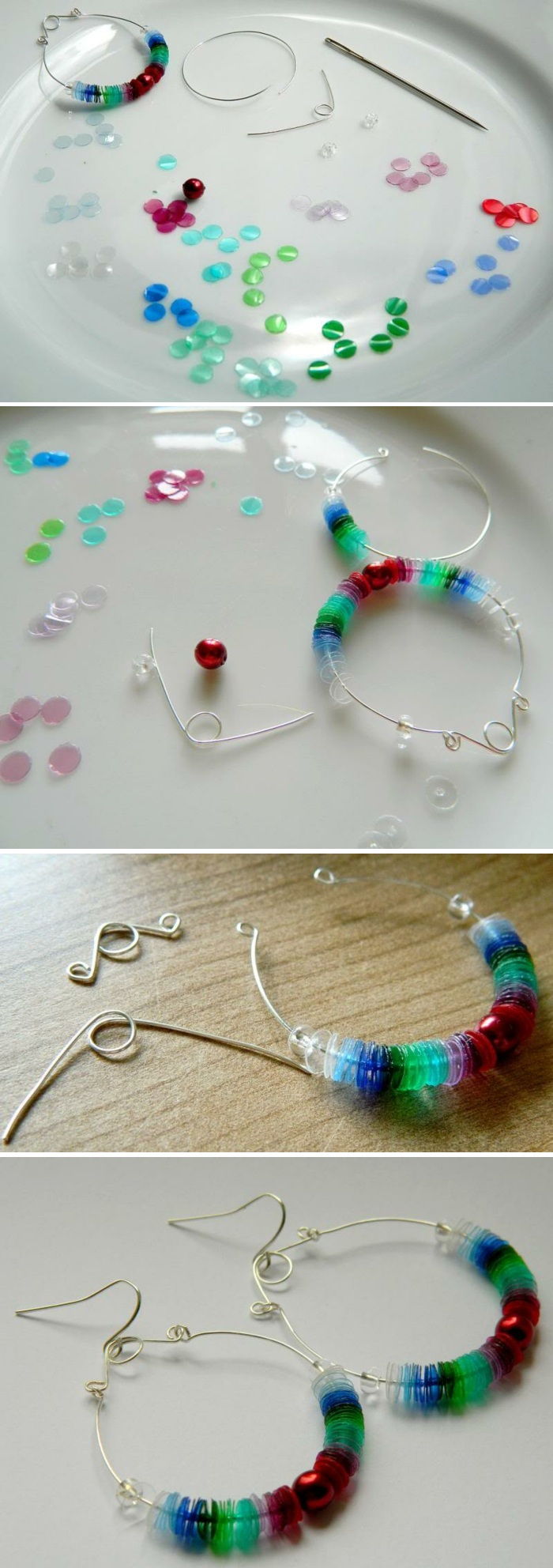 Maak zelf diy sieraden, grote, ronde, zilveren oorbellen met kleurrijke elementen