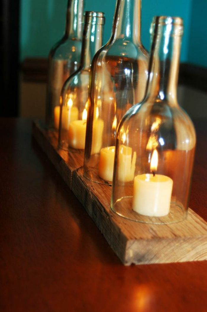 gražūs diy žvakidės, pagamintos iš stiklo butelių ir medžio