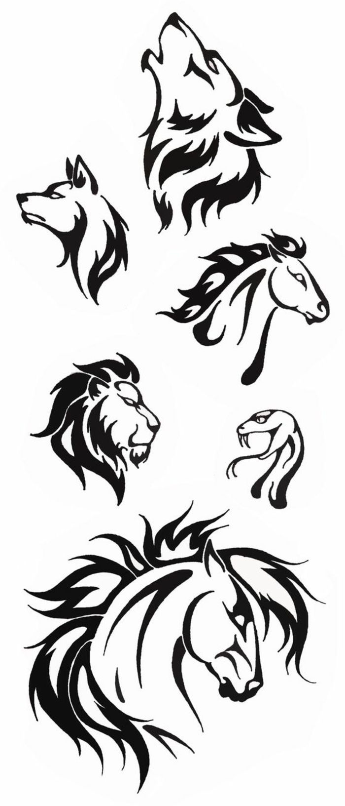 Aici vă prezentăm diferite idei pentru tatuajele negre - lupi, lei, doi cai și un șarpe