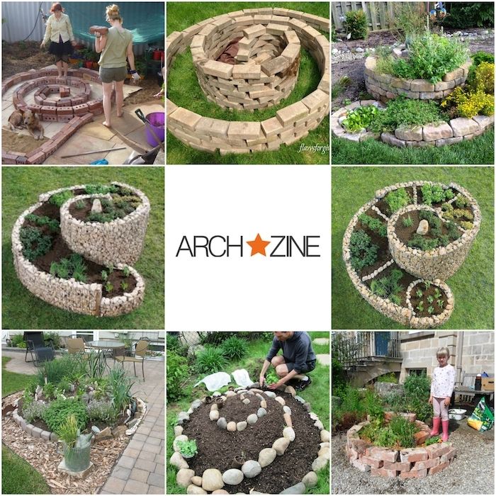 aici vă arătăm câteva dintre ideile noastre despre designul grădinii - puteți construi spirale pe bază de plante cu plante verzi și pietre mici