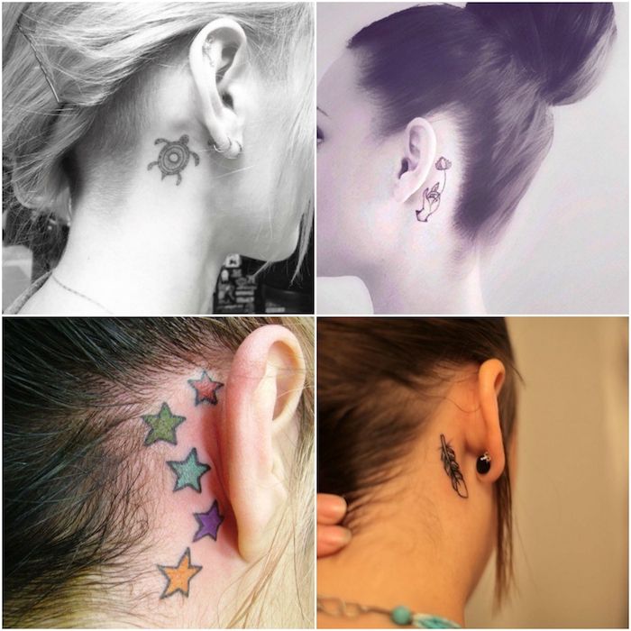 mlade ženske z želvami z želvami, barvite zvezde in črno perje - tattoo za ušesom