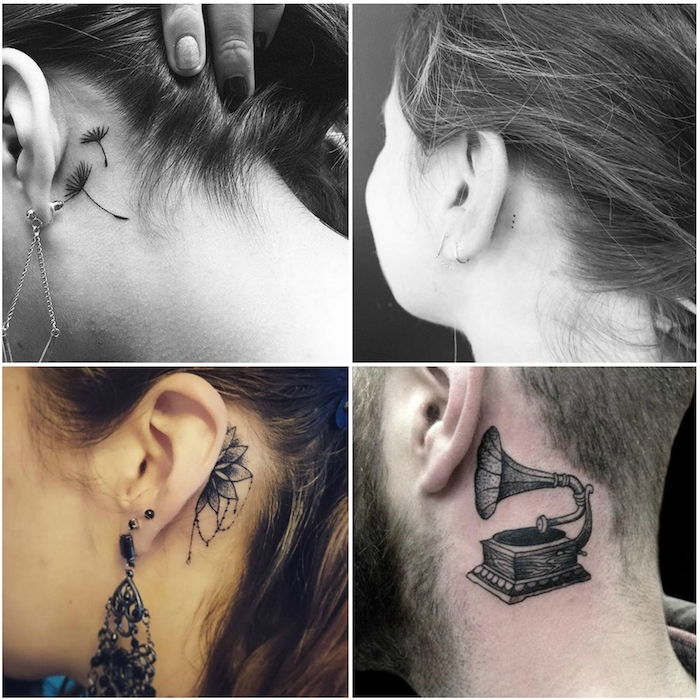 moški z gramofonskim tetovažem - tri mlade ženske z majhnimi slikami s črnimi cvetovi za ušesi