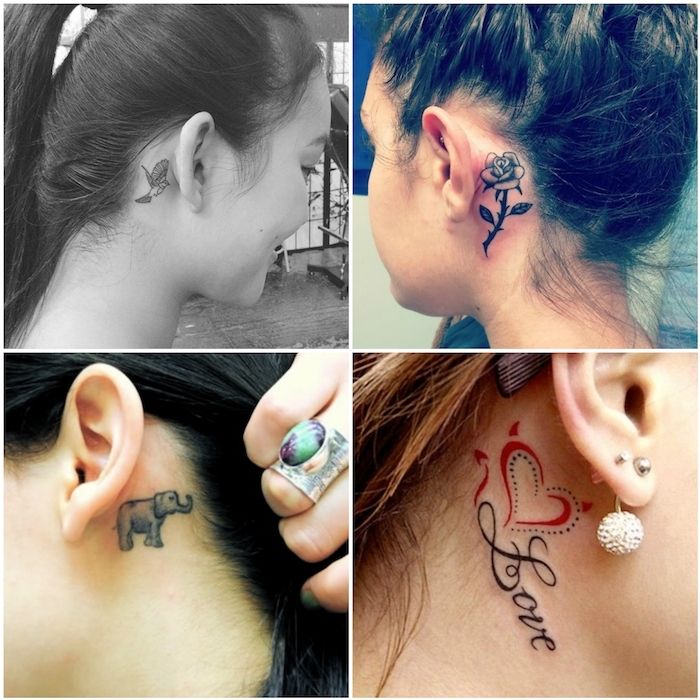 tattoo za ušesnimi slikami s štirimi mladimi ženskami s tetovažami z majhnimi črnimi sloni, črno rožo in rdečim srcem