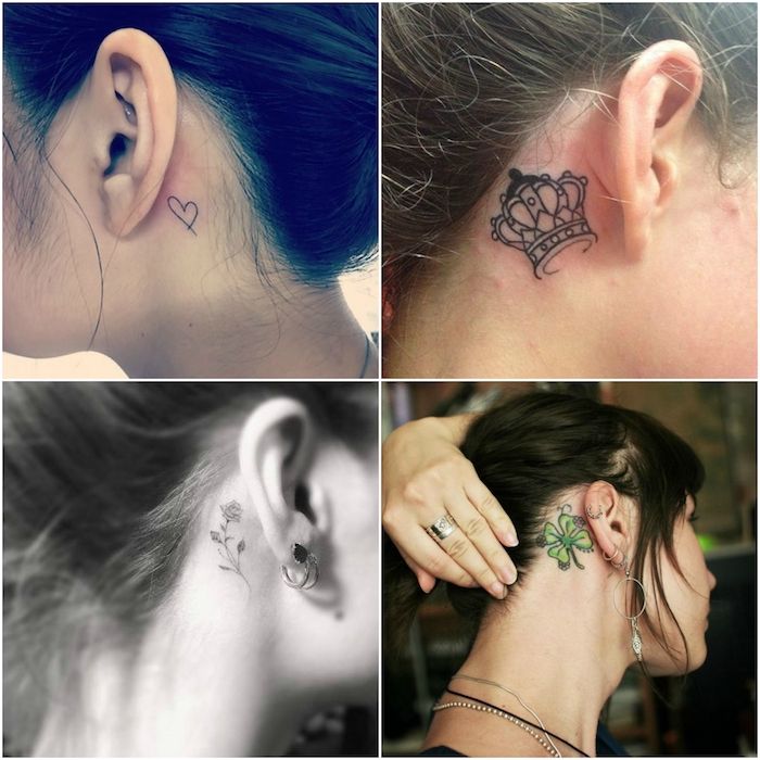 tukaj so štiri slike s štirimi mladimi ženskami s črnimi tetovažami, ki ovirajo ušesa - tetovaže s šahovniki, krono, črno cvetje, majhno srce