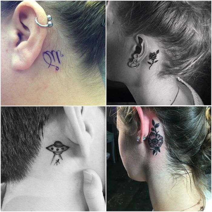 Slike štirih mladih žensk z majhnimi tetovažami za ušesi - tetovaže s črnim UFO, črno vrtnico in črnim cvetjem