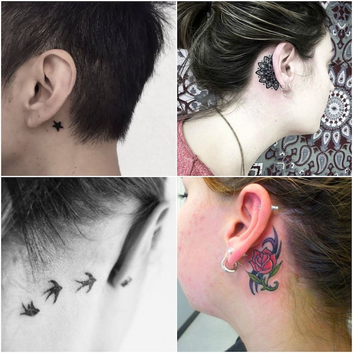 za ušesnim tetovažem - štiri mlade ženske z majhnimi tetovažami za ušesi - tetovaže z rdečo vrtnico, majhna črna zvezda, tetovaža mandala, tri črne ptice