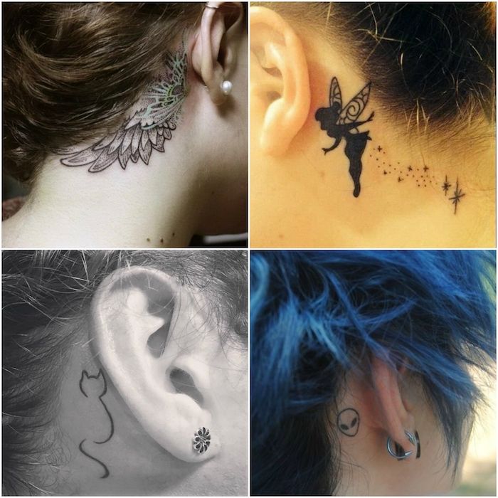 štiri slike z mladimi ženskami s tetovažami s krili s perjem, črno mačko, tujcem