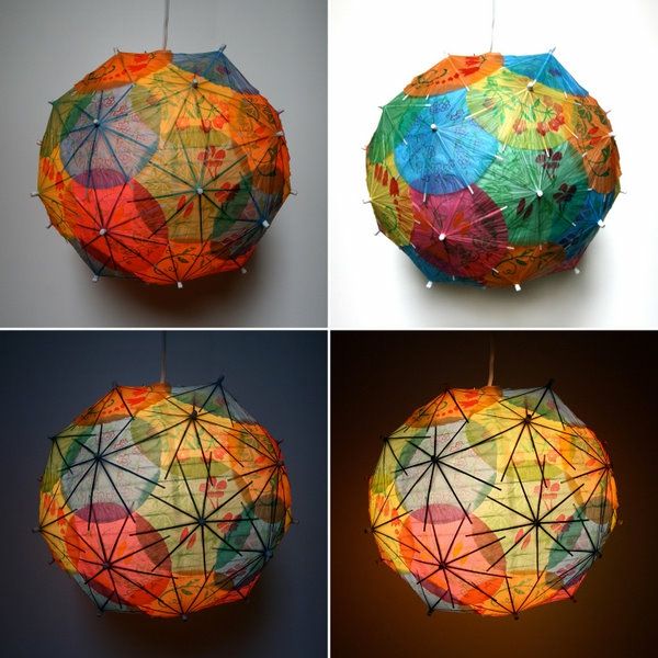cztery obrazy współczesnych papierowych świateł - kolorowe kule zrobione z papierowych parasoli