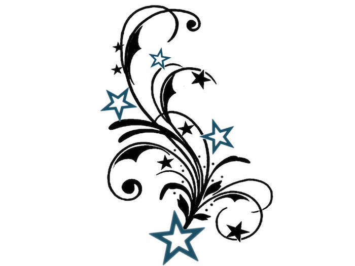 Tattoo met een zwarte bloem met vier blauwe sterren, kleine zwarte sterren - idee voor tattoo-ster
