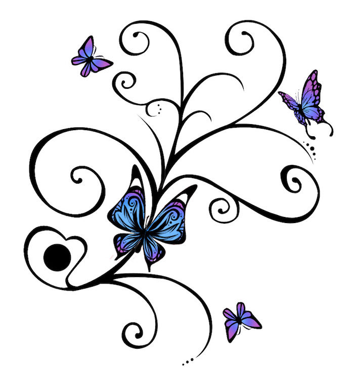 Ďalšou z našich nápadov na tému 3d motýľ tetovanie šablóny, ktoré by sa vám mohlo páčiť. tu sú štyri malé modré motýle a čierne kvety