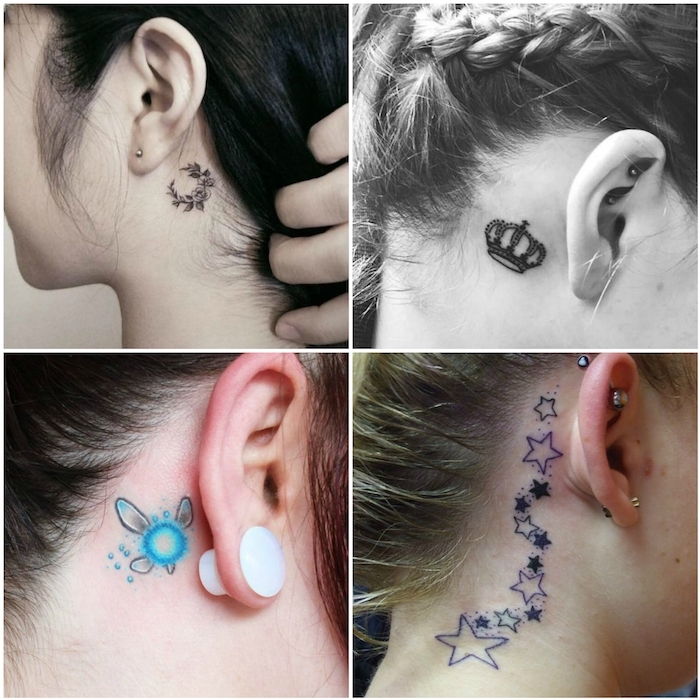za ušesnim tetovažem - štiri mlade ženske z majhnimi tetovažami z zvezdami, krona in črnimi cvetovi