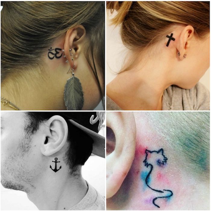 tetovažo za ušesnimi motivi - štiri slike s tremi mladimi ženskami z uhani, majhen črni križ, tetovažo z mačkami s tetovažo s črnim majhnim sidrom