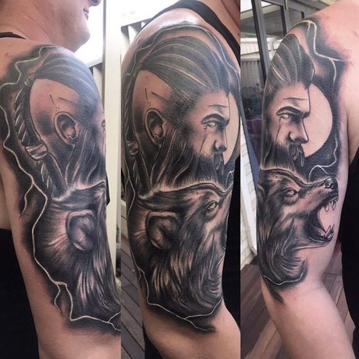 stor viking tatovering, mann med svart hår, ulv