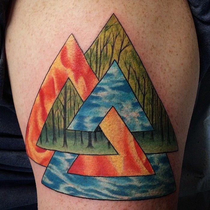 tatovering i forskjellige farger, trekanter, rettattoo