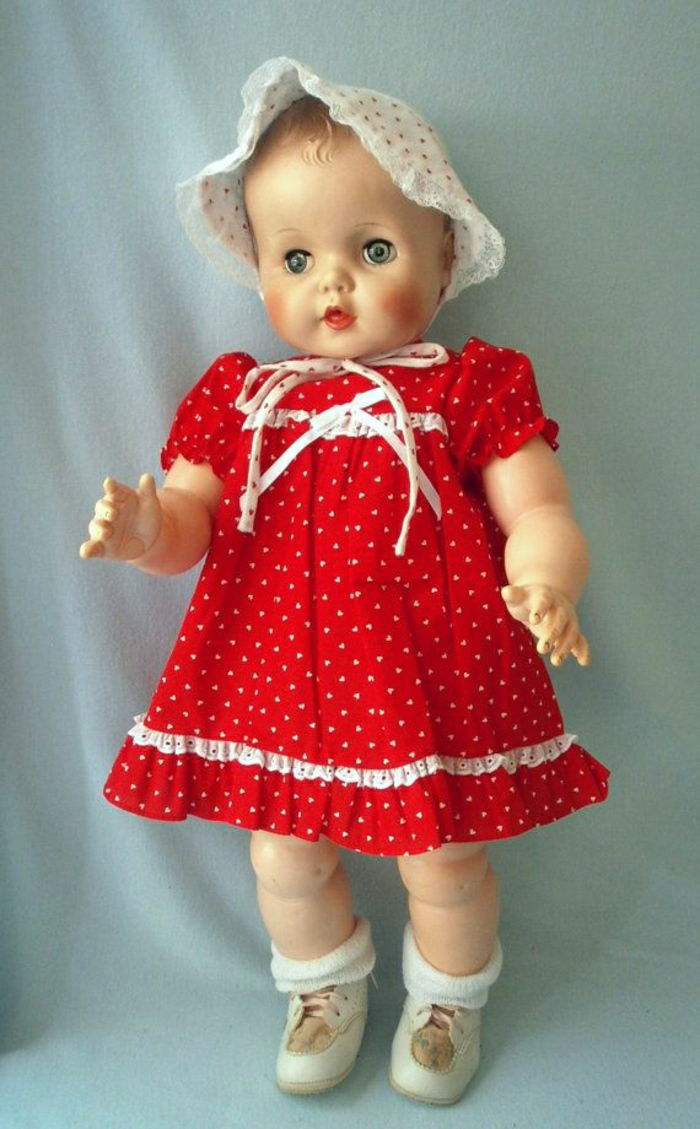 vintage baby doll-Bonnet-Red škvrnitý zdobiť pásy