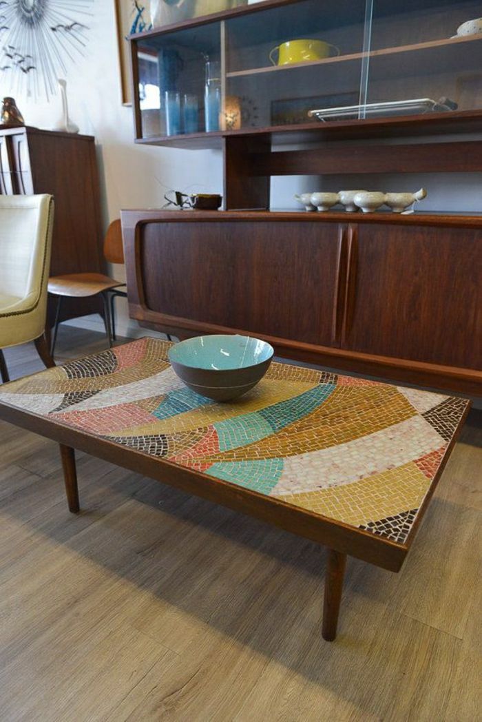 vintage kaffebords trä mosaik
