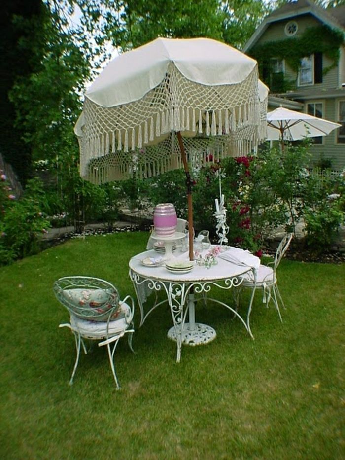 vintage Parasol Garden-belo-pletenje Vrtno pohištvo iz kovanega železa trave-Rosen