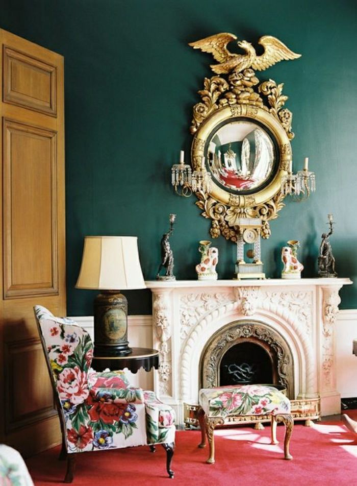 vintage Mirror spis prydnader stol pall-barockstil blomtryck karaktär inomhus röda mattan garderob