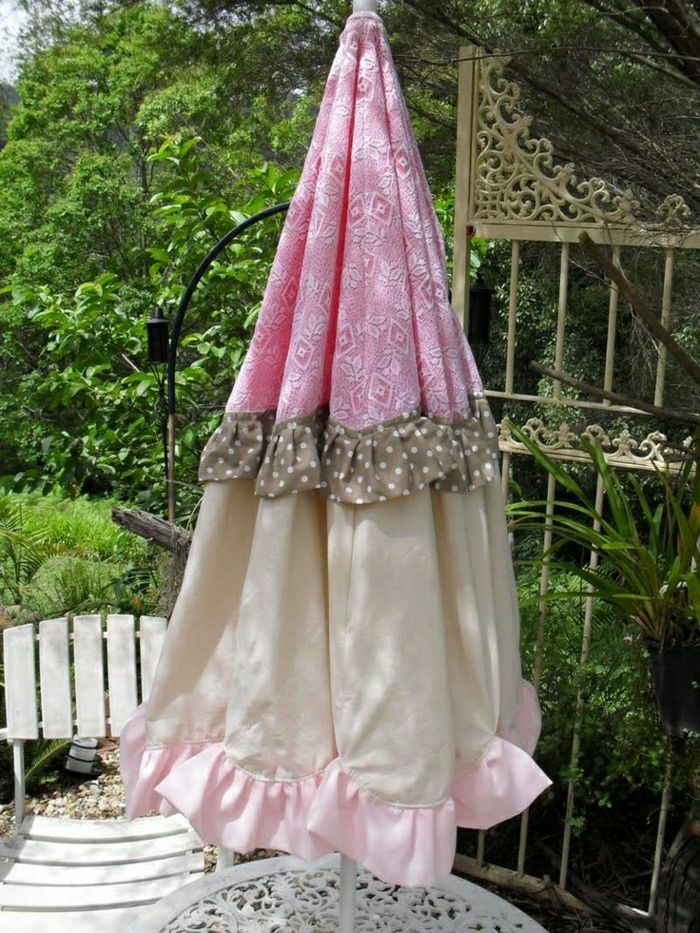 vintage tekstil Patio Umbrella-rosa-brun-beige prikker
