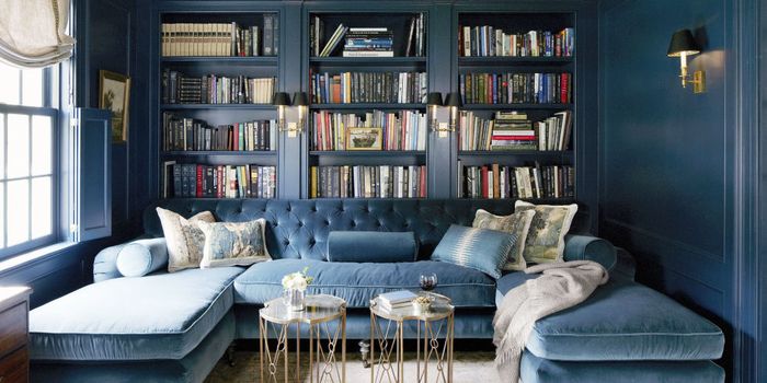 Vintage gyvenamasis kambarys tamsiai mėlyna, spintelės su daugybe knygų, dekoratyvinės pagalvėlės, dvi mažos lentelės