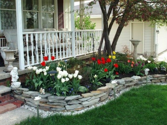 Vorgarten-make-tulipan-obszarowe garden-kamień-ogrodowy-biało-dom z kamienia-postacie-ogród