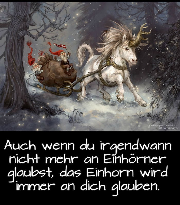 en vit enhörning med en lång tät man och ett långt horn, skog med träd och snö, en bild med en ordstäv enhörning - enhörning och unicornbilder