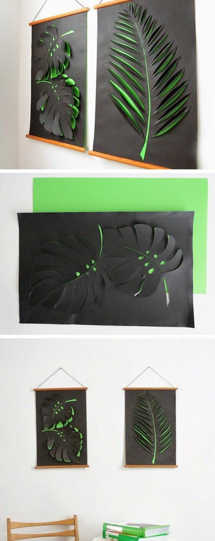 wanddeko-yourself-make-nástenné dekorácie-nápady 3d Blatter-of-grün-and-black-paper
