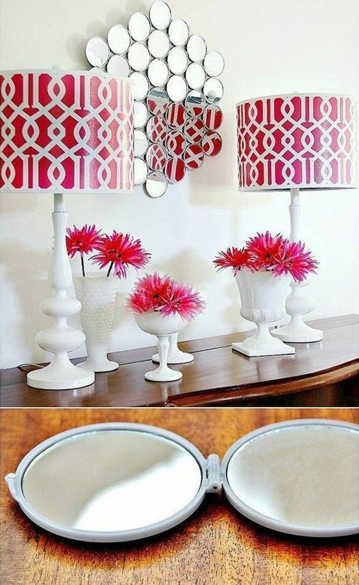 Wanddeko-selv-make-veggdekorasjon-ideer-liten-speil-lamper-rosa blomster
