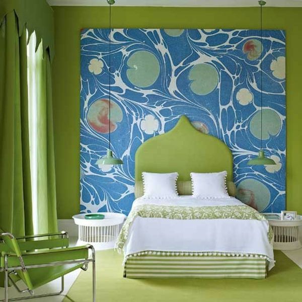 veggfargen blå-med-grønn-kombinere i-soverommet-