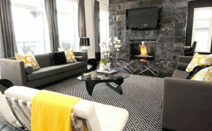 Farba steny a šedo-elegantný-obývacia s-a-krb