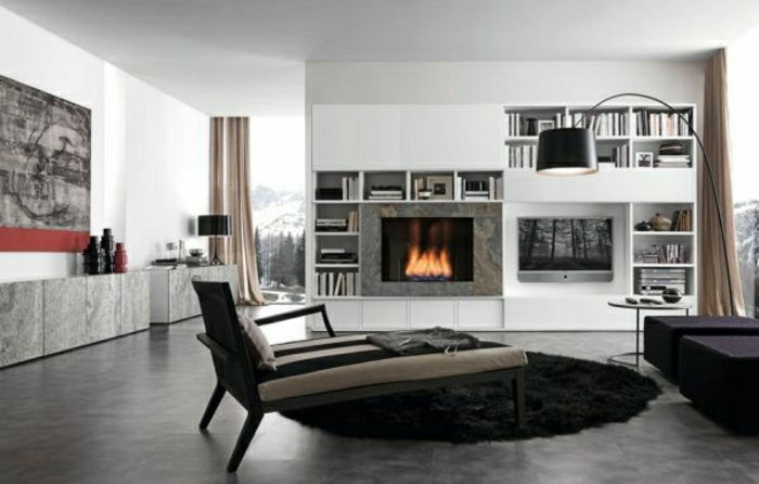 Farba steny a šedo-kreslo, krb, moderné obývacia izba