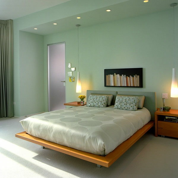 perete de culoare-menta-Cosy-dormitor-modern Platforma cu pat utilizare Silver cuvertură