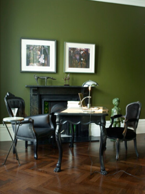 Wall-color-tendințe-verde-perete-cu-imagini - mobilier negru