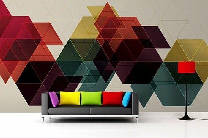 perete de design-cu-color-in-living standard lampă roșie-lumină-negru-canapea de piele perne colorate