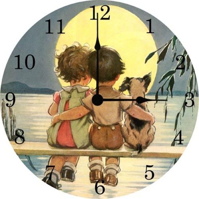wall-clock-wood-dial-by-picture-girl boy-dog-sunset-landschap