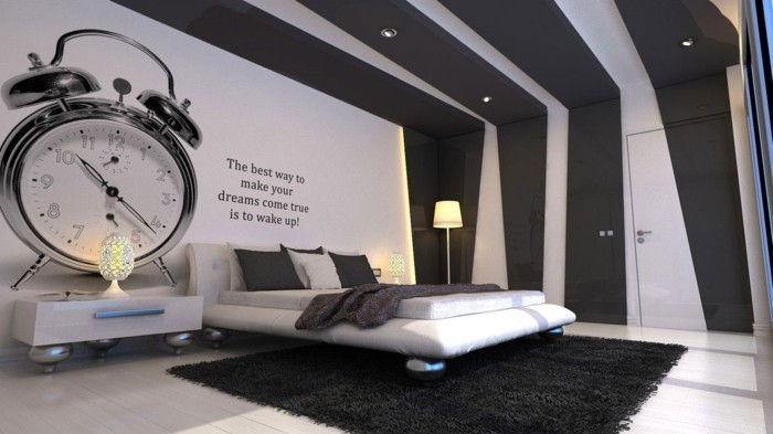 sieniniai laikrodžiai-modernus-žadintuvas-sienos reikalaudami odos lova-netiesioginis-šviesos-led-šviesiai juoda-kilimas-balta-aukštas
