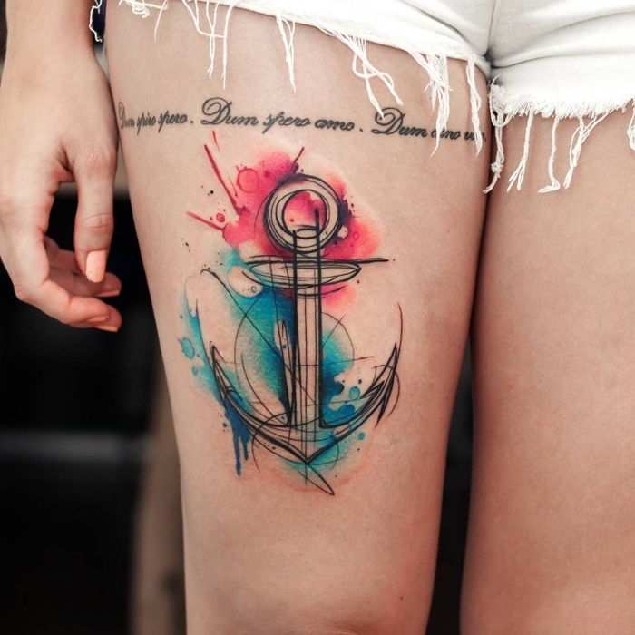 Et anker to farger røde og blå påskrifter Vannfarge tatovering