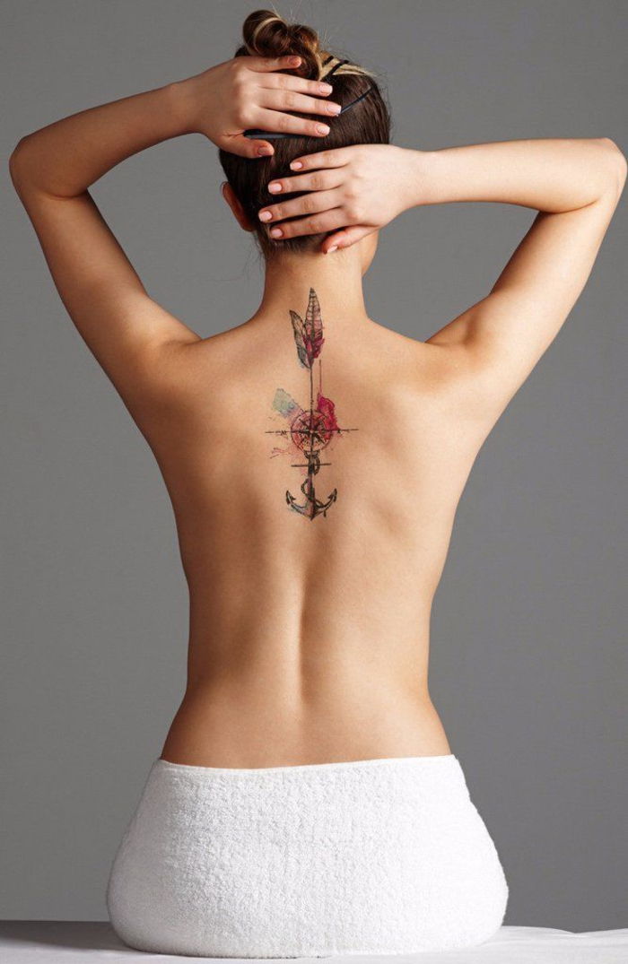 tatuaj colorat pentru femei, ancoră, busolă și pene, inspirație pentru tatuajul din spate