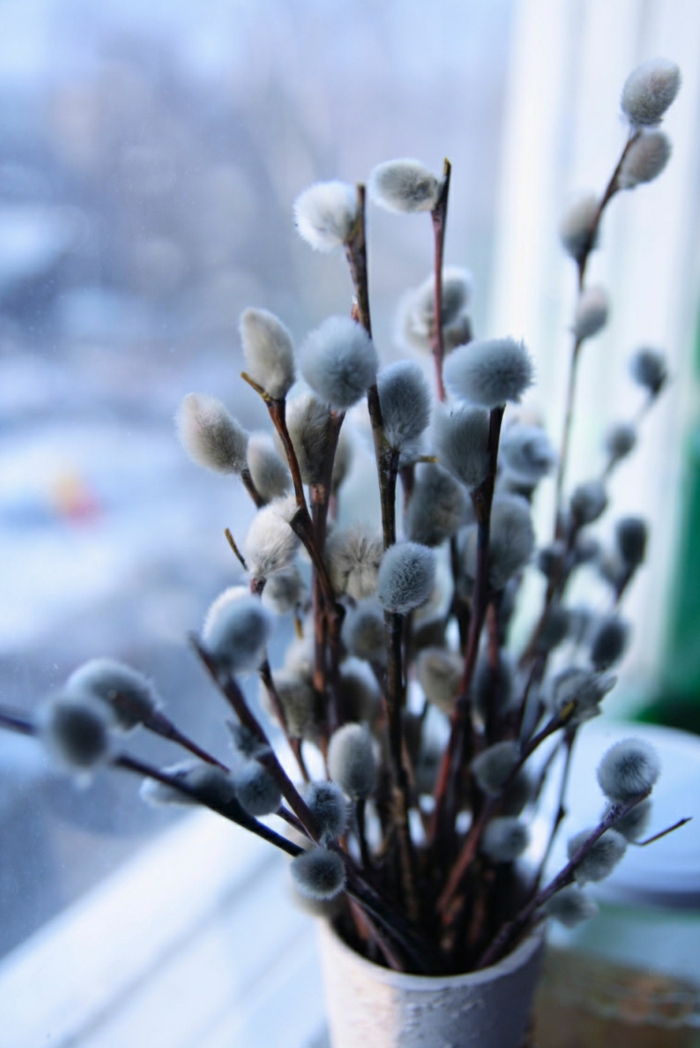 Julvinduet dekorasjon av blomstrende bomullsgrener, plassert på den hvite vinduskarmen, små grener av bomull foran vinduet